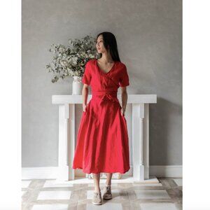 Linenfariytales Red Edith Wrap Midi Dress Bulgarian Linen Pockets‎ Holiday